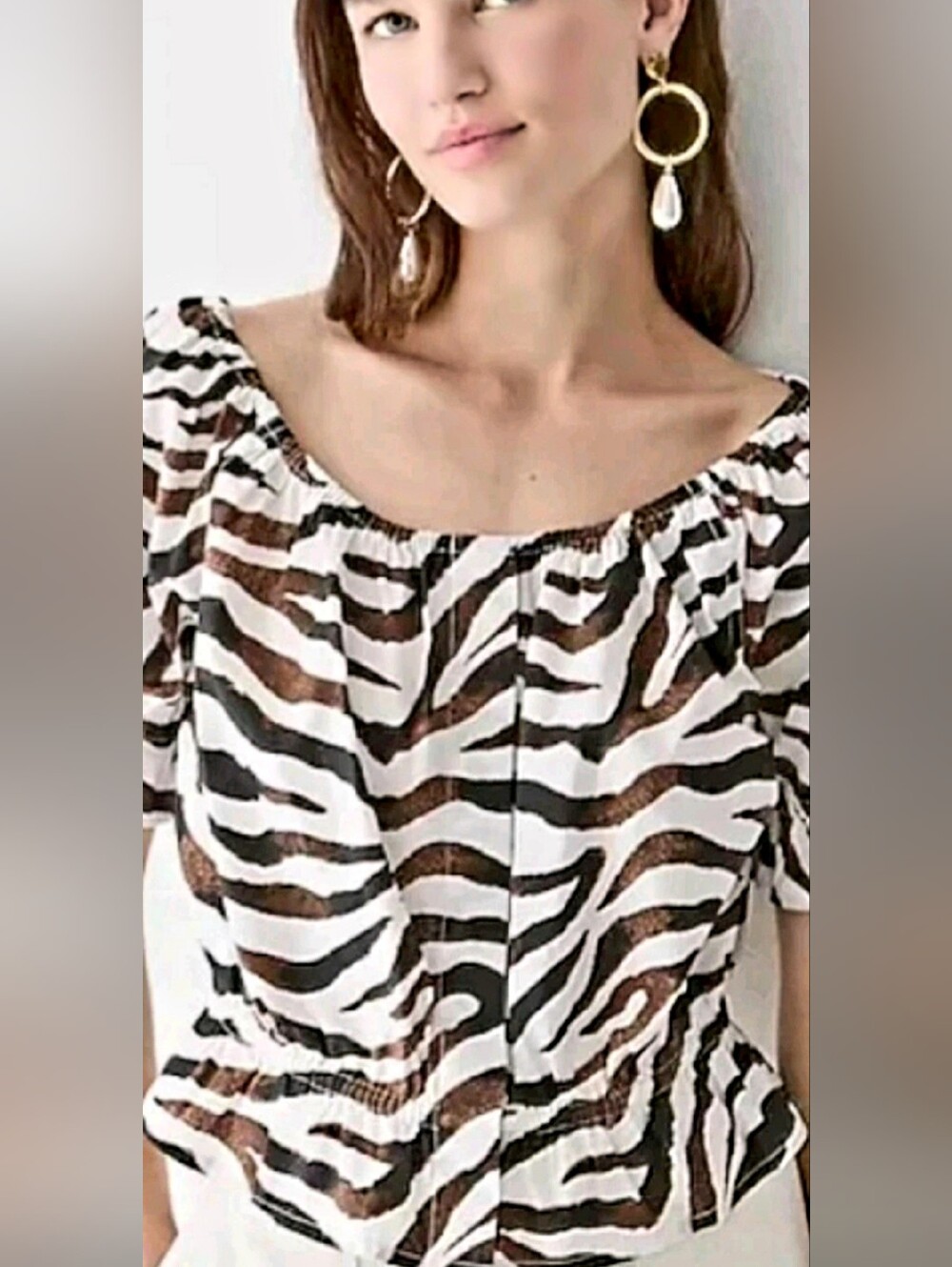 J. Crew White and Brown Zebra-Print Off-Shoulder Blouse